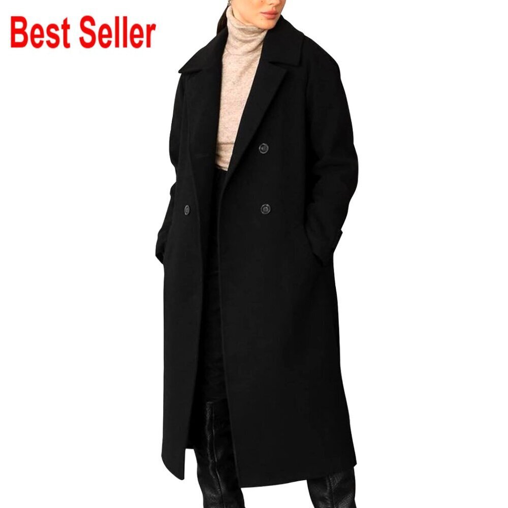 Long Pea Coat Double Breasted Notch Lapel Trench Overcoat Classic Elegant Chic
